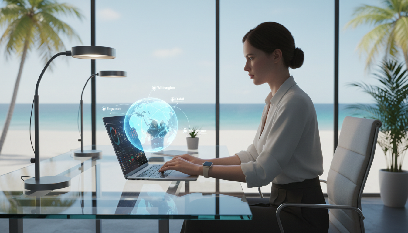 A high-quality, photorealistic image of a modern digital nomad working on a laptop in a sleek, glass-walled office overlooking a tropical coastline. On the desk, there is a holographic projection of a globe connecting different financial hubs like Singapore, Delaware, and Dubai, symbolizing international business connectivity. Lighting is natural and professional.