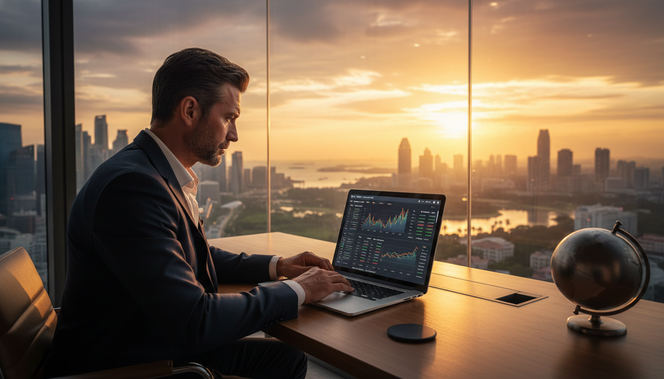A photorealistic wide shot of a professional expatriate businessman in a modern, glass-walled office in Singapore or Dubai, looking at a laptop screen displaying a multi-currency banking dashboard. The background shows a stunning city skyline at sunset. The lighting is cinematic and professional, emphasizing global connectivity and financial success. 8k resolution.