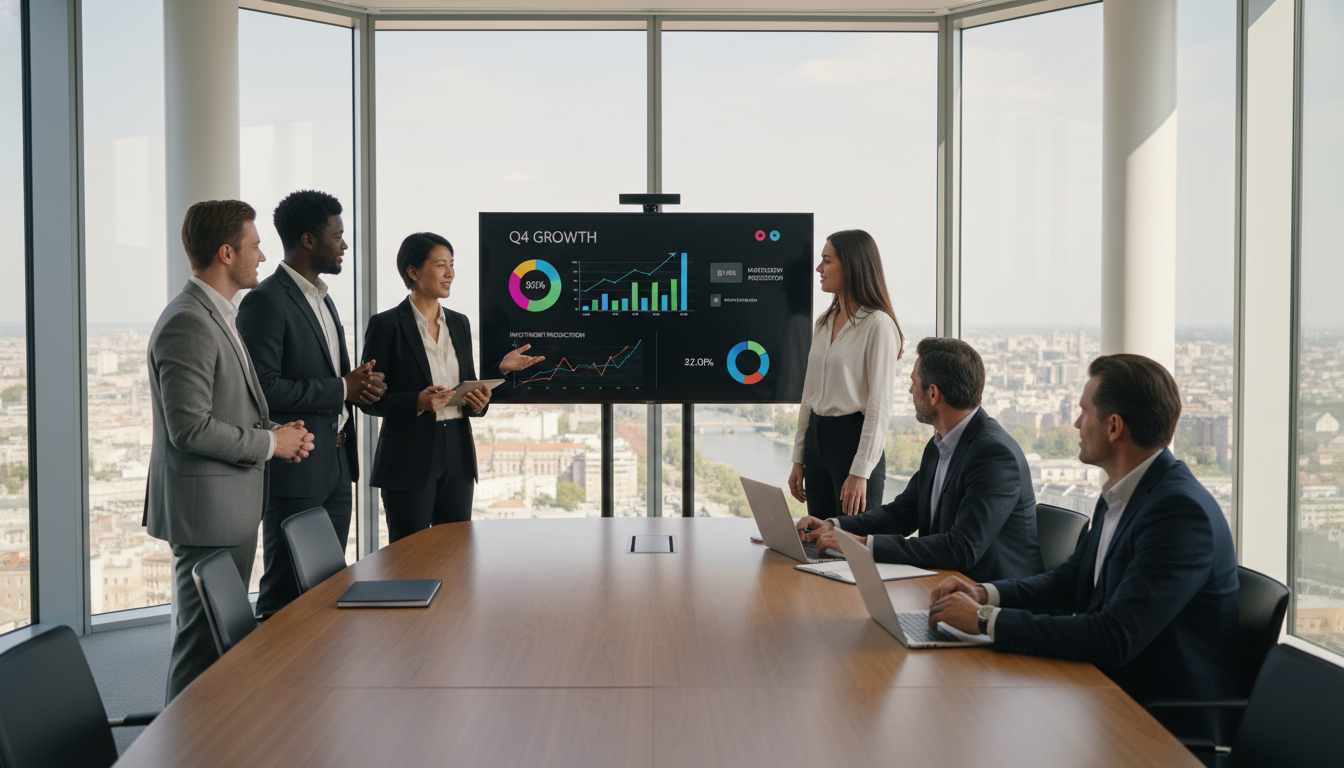 A photorealistic image of a diverse team of expat entrepreneurs presenting a digital pitch deck to a panel of professional venture capitalists in a modern, glass-walled office overlooking a generic European city skyline, with financial data charts visible on a screen, captured in high resolution with natural lighting.