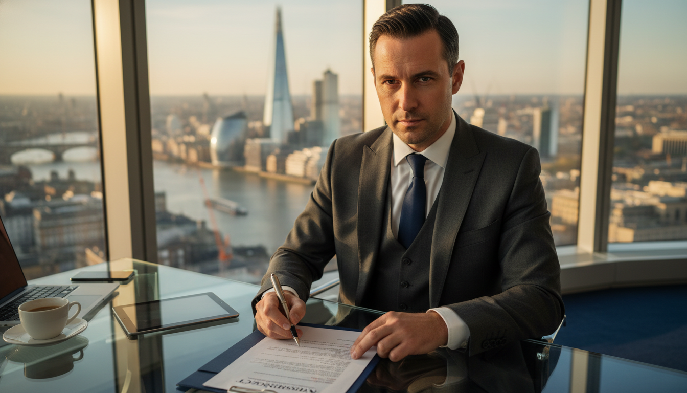 A professional expatriate in a tailored suit sitting at a modern glass desk in a high-rise London office, carefully reviewing a printed insurance contract with a pen in hand. The background features a blurred, photorealistic view of the London skyline, including the Shard and the Gherkin, during the golden hour. The lighting is cinematic and professional, highlighting the seriousness of business protection.