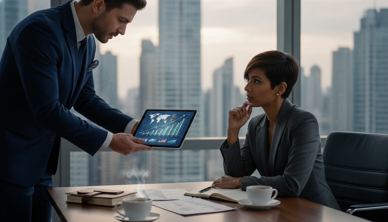 A sophisticated, photorealistic image of a financial planning session in a high-rise office with a blurred city skyline in the background. A financial advisor in a suit is showing a digital tablet displaying global investment charts and multi-currency graphs to a diverse business owner. The atmosphere is professional and focused on growth.
