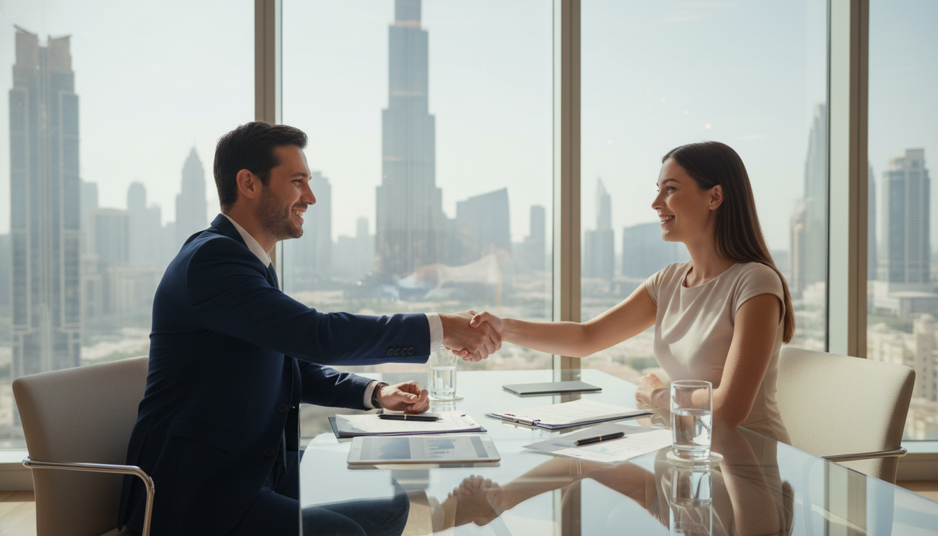A photorealistic, high-resolution image of a modern, sunlit office in Dubai with a view of the Burj Khalifa through floor-to-ceiling windows. A professional business consultant in a suit is shaking hands with an expat client over a glass desk, with documents and a tablet visible on the table, symbolizing a successful partnership.
