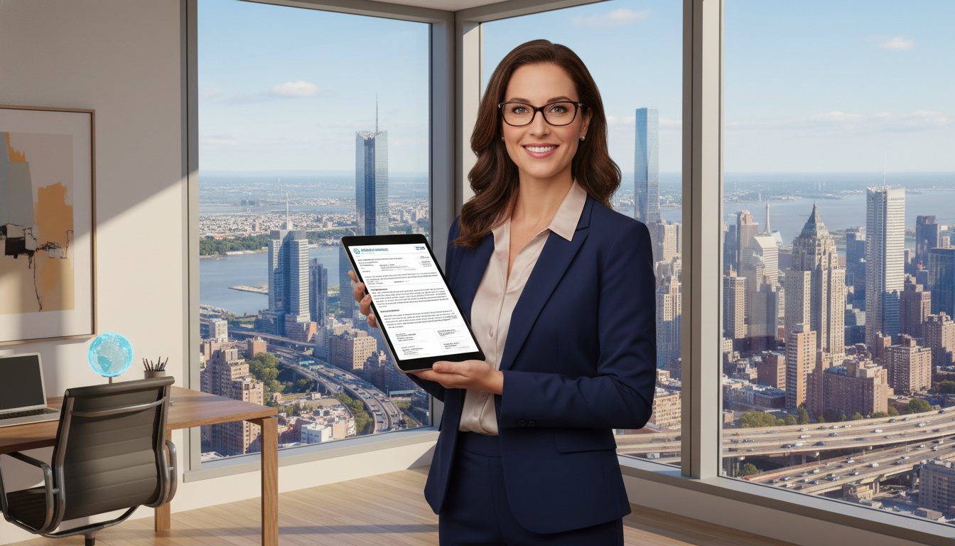 A confident expat entrepreneur in a modern, high-rise office with a view of a global city skyline, reviewing a digital insurance contract on a tablet. The scene is professional, well-lit, and conveys security and global connectivity. Photorealistic, 8k resolution.