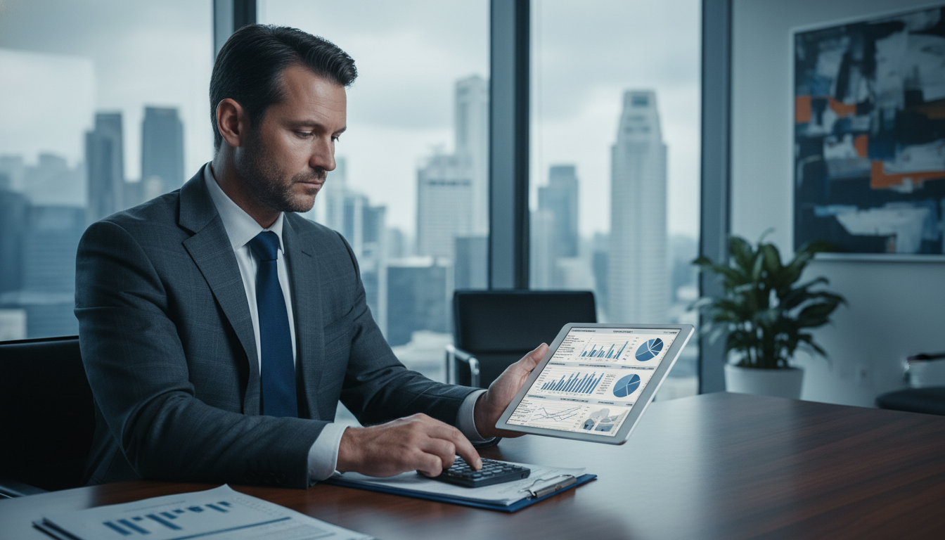 A photorealistic image of a professional American businessman in a modern high-rise office in Singapore or London, reviewing complex financial documents and tax charts on a tablet, with a blurred city skyline in the background, conveying a serious business atmosphere.