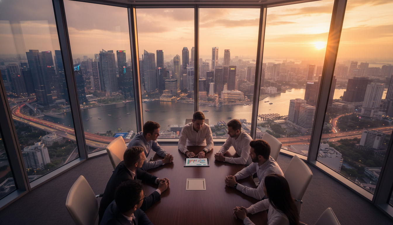 A photorealistic, high-angle shot of a modern, glass-walled conference room in a bustling metropolis like Singapore or Dubai at sunset. Inside, a diverse group of expat entrepreneurs are engaged in a collaborative meeting, looking at digital charts on a tablet. The background features a stunning city skyline with illuminated skyscrapers, symbolizing global business opportunities and economic growth. Cinematic lighting, 8k resolution.