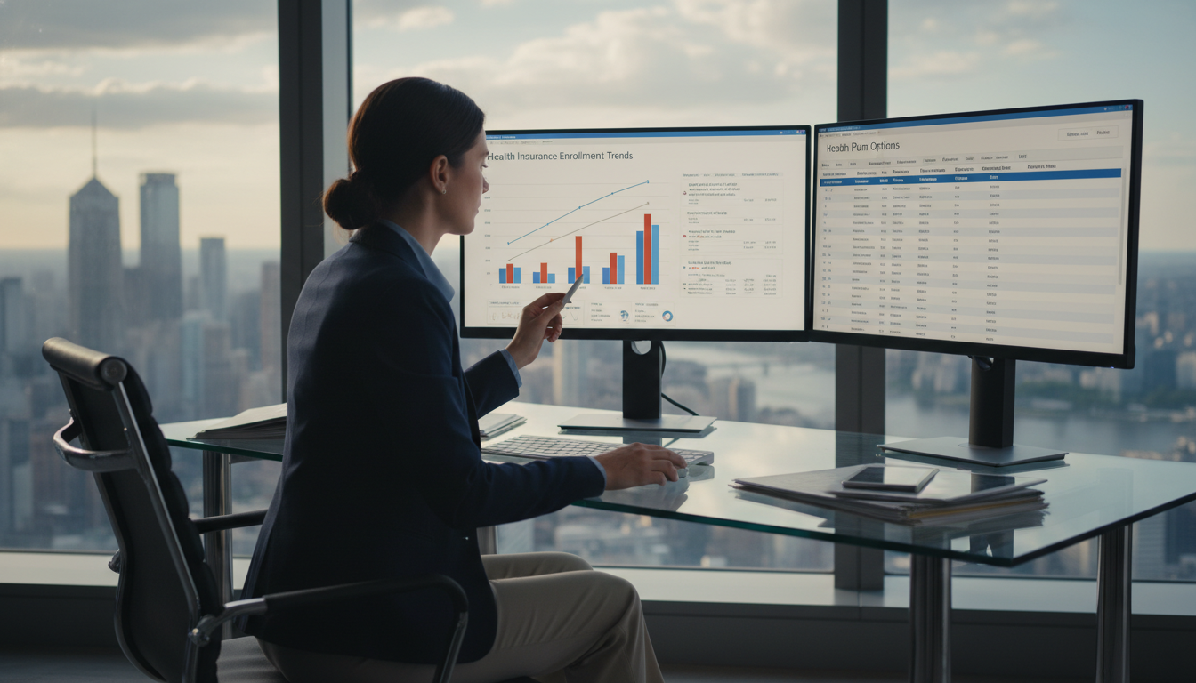 A professional human resources manager sitting at a modern glass desk in a high-rise office, analyzing digital charts and comparing health insurance data on a dual-monitor setup, with a blurred city skyline in the background, photorealistic style.