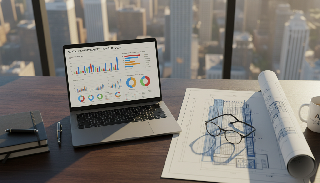 A photorealistic, high-angle shot of a professional desk setup featuring a laptop displaying real estate analytics charts, a printed architectural blueprint of a modern commercial building, and a pair of eyeglasses, with a blurred city skyline visible through a large window in the background, cinematic lighting, 8k resolution.